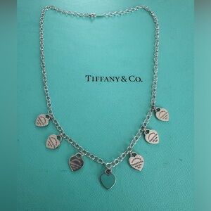 RARE Tiffany & Co 7 dangle mini hearts with middle blue heart Necklace 18 inches